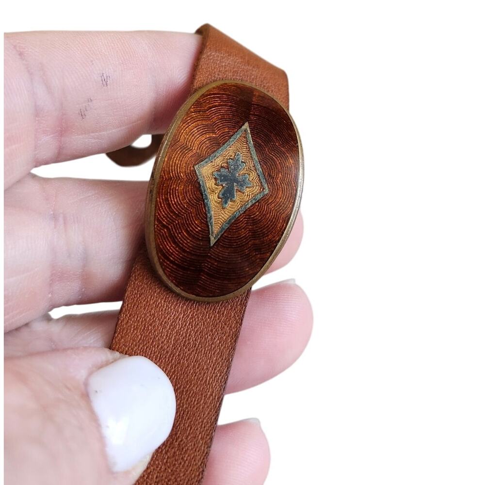 Vintage Austria Artisan Boho Tribal Bracelet Leather Brass Copper Wood Grain